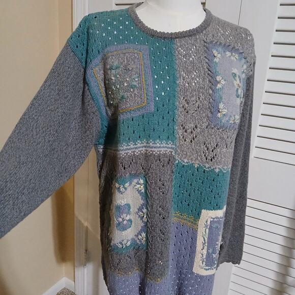 VTG Jantzen Classic Color Block Sweater Embroidered By Hand L/XL Grey/Aqua - Picture 6 of 16